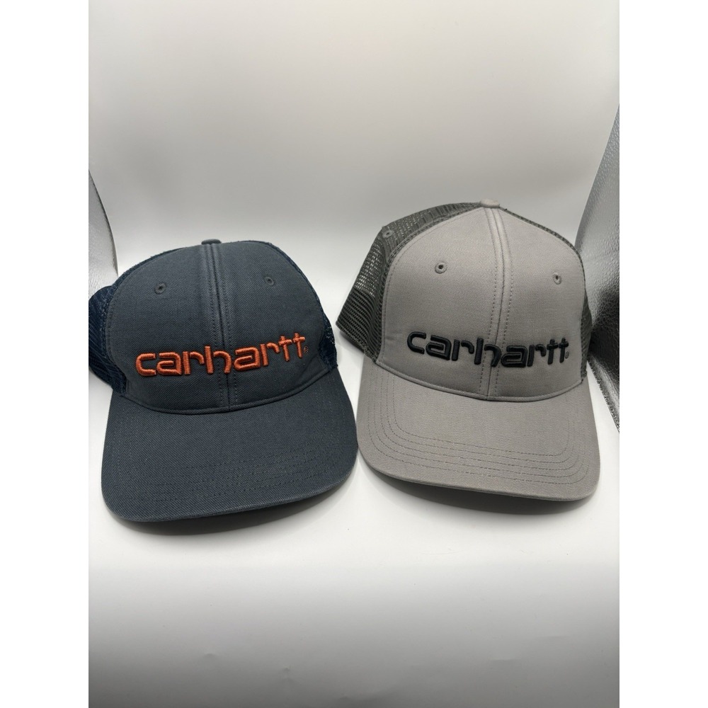 Lot 2 Carhartt Trucker Hats Mesh Snapback Gray Blue 101195 Logo Workwear OS